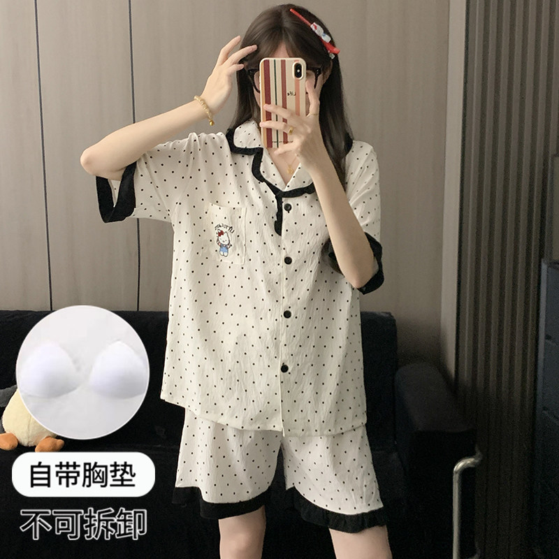 黑色花边KT带胸垫睡衣女士夏季短袖短裤长裤三件套装家居服可外穿