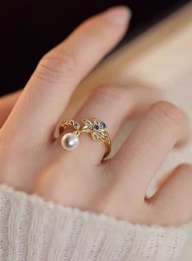 中古锆石珍珠流苏花朵戒指女vintage气质高级感食指戒指环
