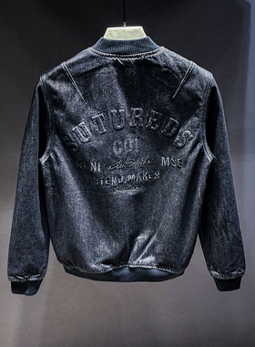 美式黑色做旧水洗牛仔夹克男秋冬复古潮流宽松立领拉链外套插肩袖