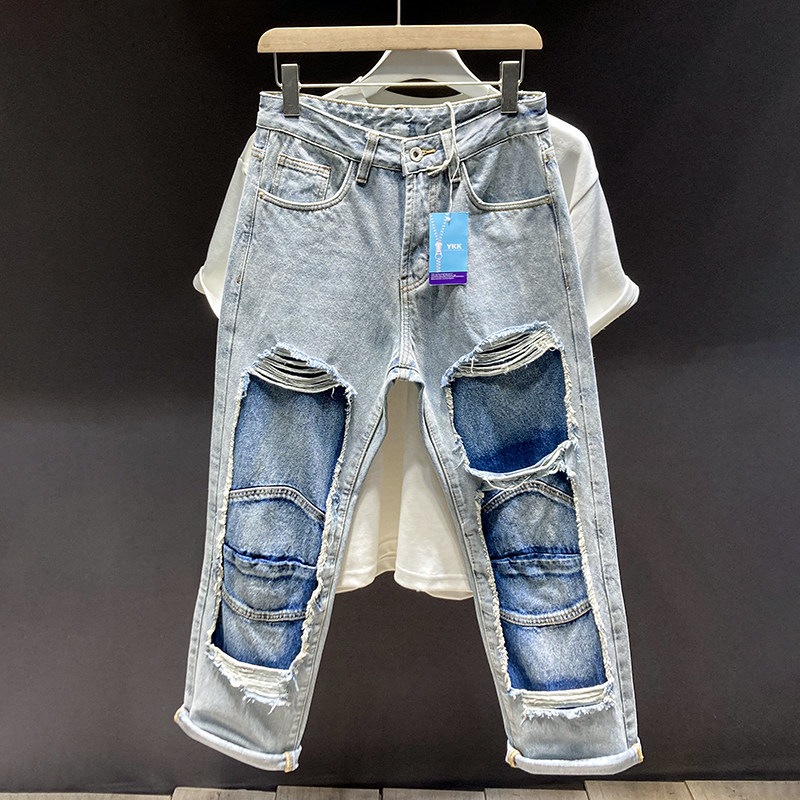 潮牌破洞拼接款工装阔腿牛仔裤男春季款美式休闲痞帅宽松直筒长裤,男装,牛仔裤,淘宝优惠券,粉丝福利购,淘宝优惠卷