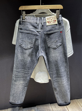 做旧水洗黑灰色修身牛仔裤男秋冬季潮流复古小脚裤百搭韩版长裤男