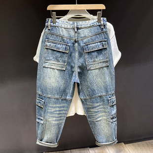 高端潮牌痞帅工装牛仔裤男款潮流多口袋裤子青年水洗宽松直筒长裤