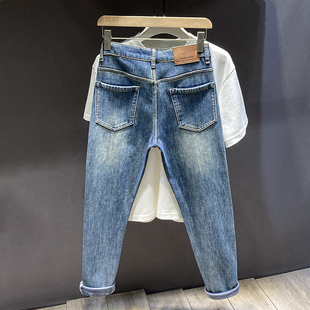 加绒加厚款秋冬季九分牛仔裤男士锥形修身小脚小直筒休闲水洗弹力