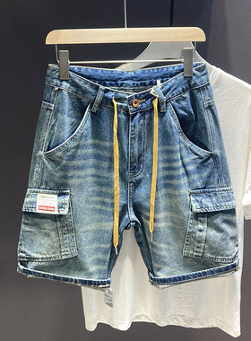 高端品质蓝色牛仔短裤男夏季新款美式复古宽松大码水洗五分中裤子