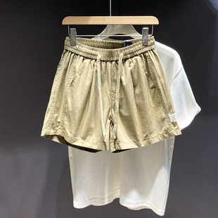 夏季休闲复古四分牛仔短裤男松紧腰露膝盖水洗纯棉做旧慢跑三分裤