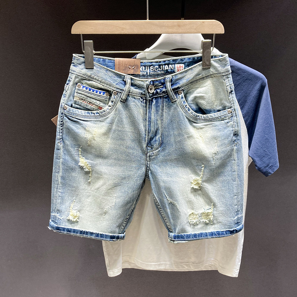夏季新款浅蓝怀旧磨破牛仔短裤男帅气个性破洞中裤潮流修身五分裤