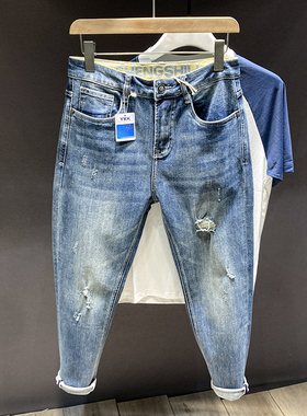 2024新款蓝色牛仔裤男士休闲韩风潮流复古水洗做旧修身小脚破洞裤
