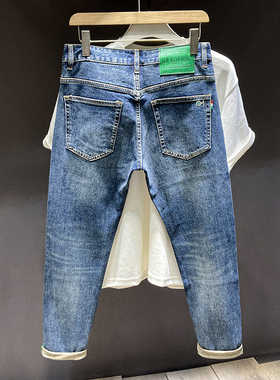 男士裤子2024新款复古深蓝色弹力高级锥形潮牌牛仔裤冬季修身小脚