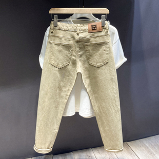 杏色牛仔裤男士潮牌2025春秋季新款修身卡其色小脚裤百搭弹力长裤