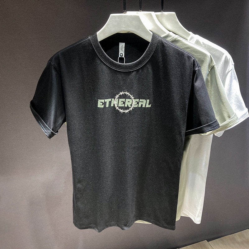 简潮时尚印花男士白色短袖T恤休闲圆领汗衫宽松帅气潮牌体恤上衣