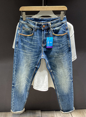 秋冬潮牌牛仔裤男士蓝色弹力潮流水洗复古休闲百搭修身小脚长裤男