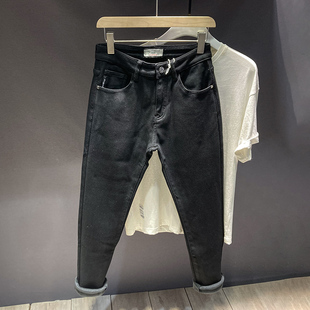 冬季加厚绒保暖黑色牛仔裤男士潮流修身百搭休闲弹力小脚长裤子男
