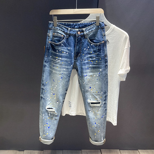 fog高街春夏乞丐哈伦破洞牛仔裤男潮牌ins泼墨修身小脚弹力长裤子