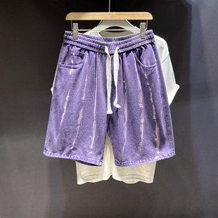 中裤 2025美式 痞帅潮流休闲五分裤 男夏季 日系潮牌水洗印花牛仔短裤