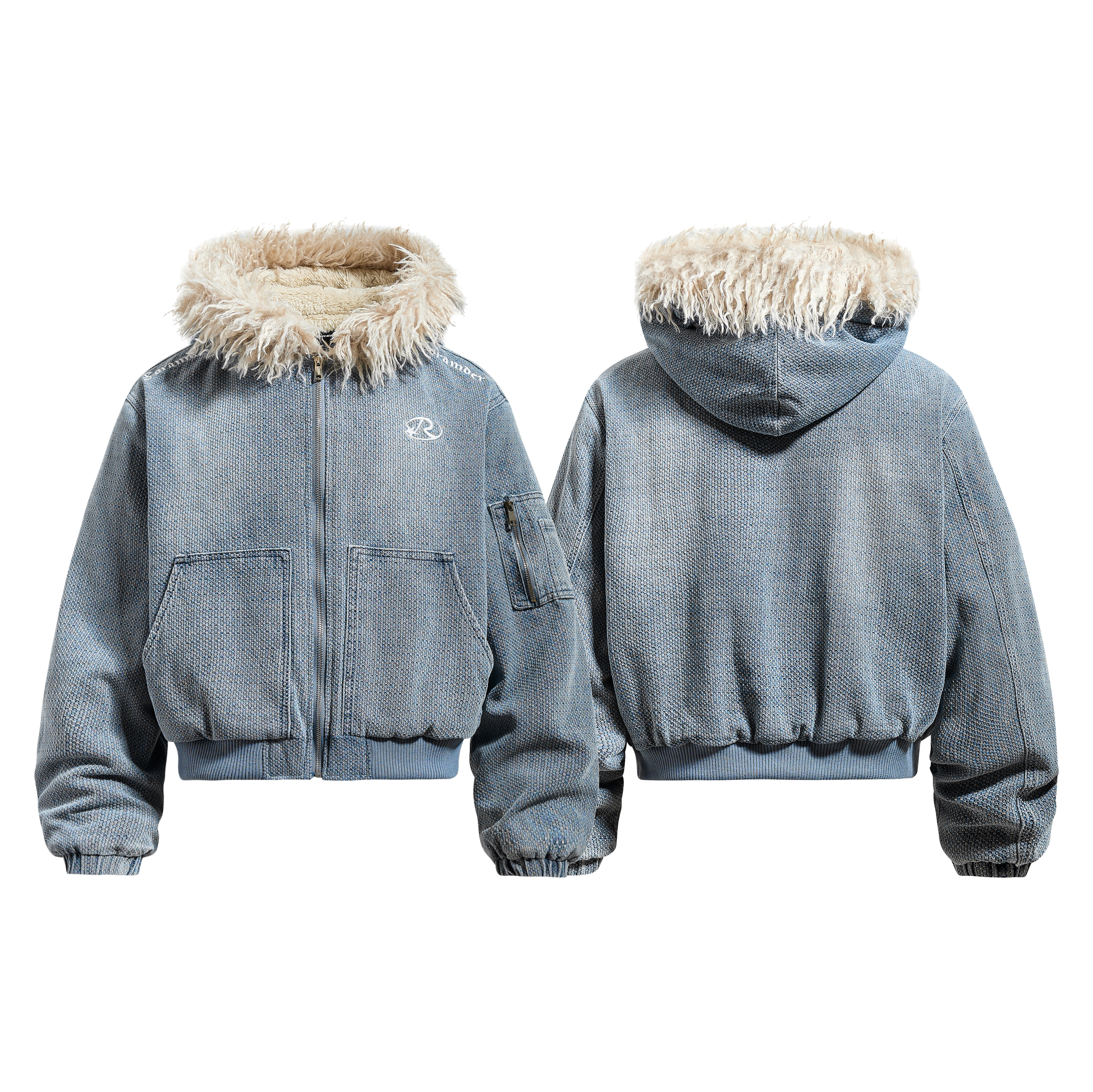 古连帽毛绒绒牛仔棉衣男女座山雕