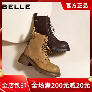 靴女靴方跟休闲短靴E5C1DDD5 复古工装 专柜正品 百丽马丁靴2025冬款