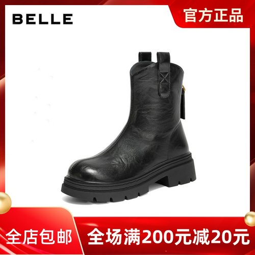 专柜正品百丽2025冬款女靴复古厚底方跟显烟筒靴短筒靴子E5E1DDZ5