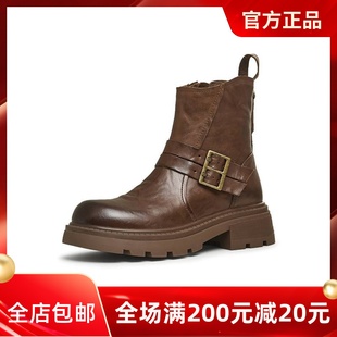 天美意复古西部靴厚底骑士靴女时装 BK061DZ4 靴短靴皮靴2024冬新款