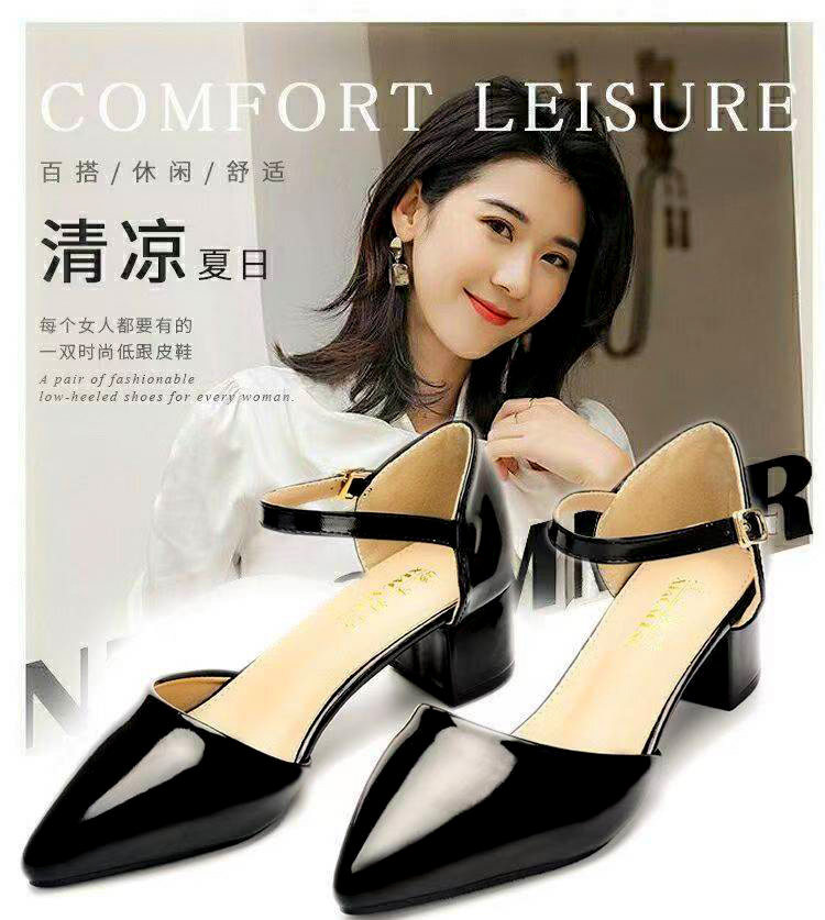小码313233时装凉鞋女士大码4342粗中跟尖头漆皮一字扣带洋质气仙