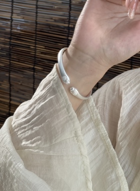 足银9999钉砂猫爪镯简约时尚开口古法银手镯可爱百搭送女友礼物