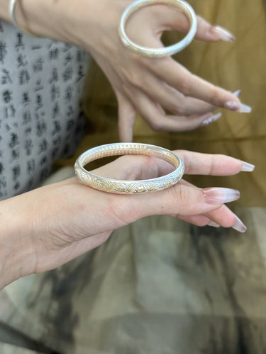 兮语「春风」足银999.9手镯24k描金唐草纹心经闭口手镯新中式银镯