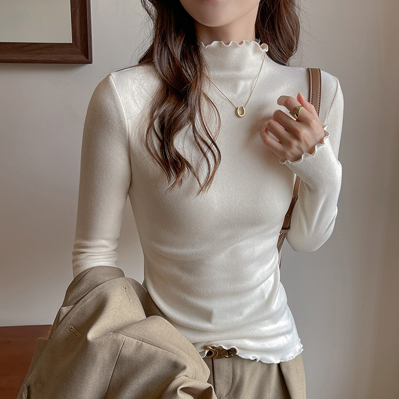 严选白色木耳边长袖内搭打底衫女
