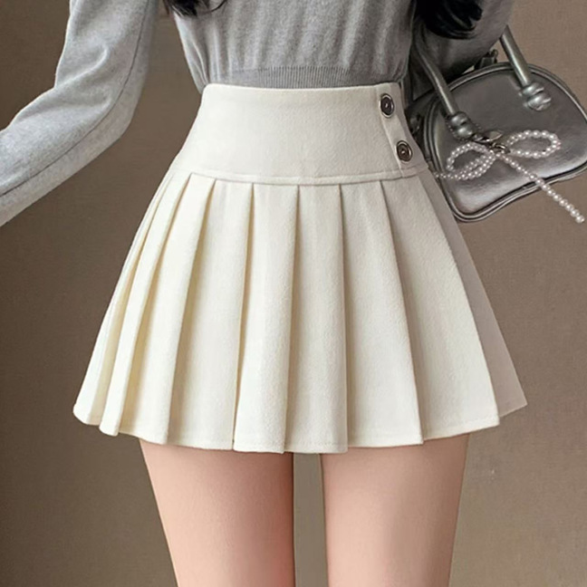 毛呢半身裙秋冬款辣妹裙毛呢百褶半身裙女学院风高腰显瘦a字短裙