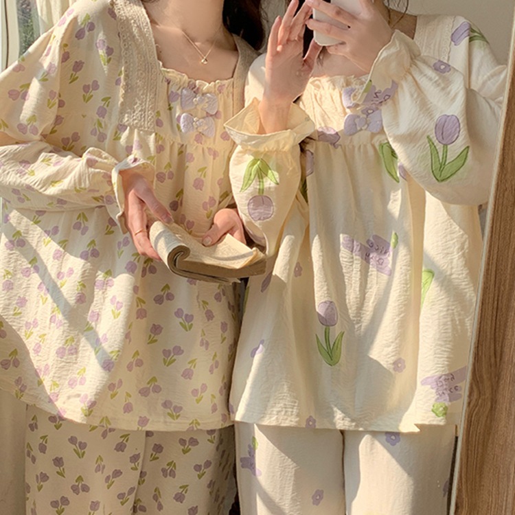 ins田园风闺蜜睡衣花边方领云朵棉带胸垫可爱甜美休闲家居服