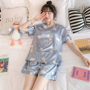 冰丝薄款 夏天短袖 睡衣女夏季 两件套装 可爱学生ins家居服 短裤 韩版