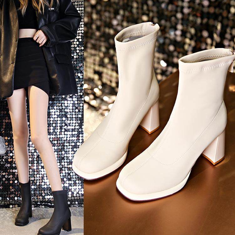 2024秋冬新款高跟短靴女粗跟马丁靴瘦瘦单靴小个子增高白色中筒靴,女鞋,时装靴,淘宝优惠券,粉丝福利购,淘宝优惠卷