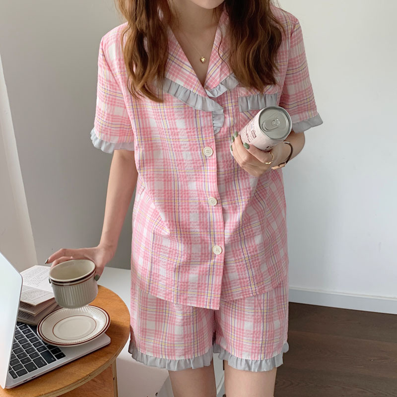 Real price Plaid pajamas women's new Korean version small fresh lovely student leisure suit home clothes