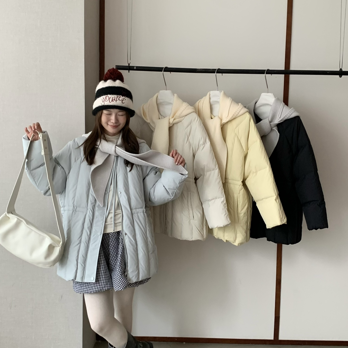 腰显瘦竖条排骨中长款保暖羽绒服外套(配针织帽围巾)26166