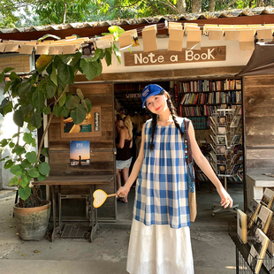 YS6 日系vintage彩条蓝白格无袖 小衫 A字镂空半身裙套装 7808