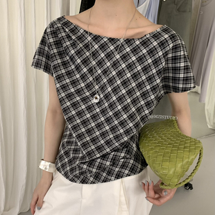 后背拉链显瘦收腰小衫 26年夏款 韩系复古黑白格纹对称感飞飞袖