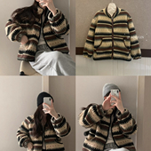 北欧风复古费尔岛提花羊羔绒毛加绒加厚拉链保暖短外套 A96