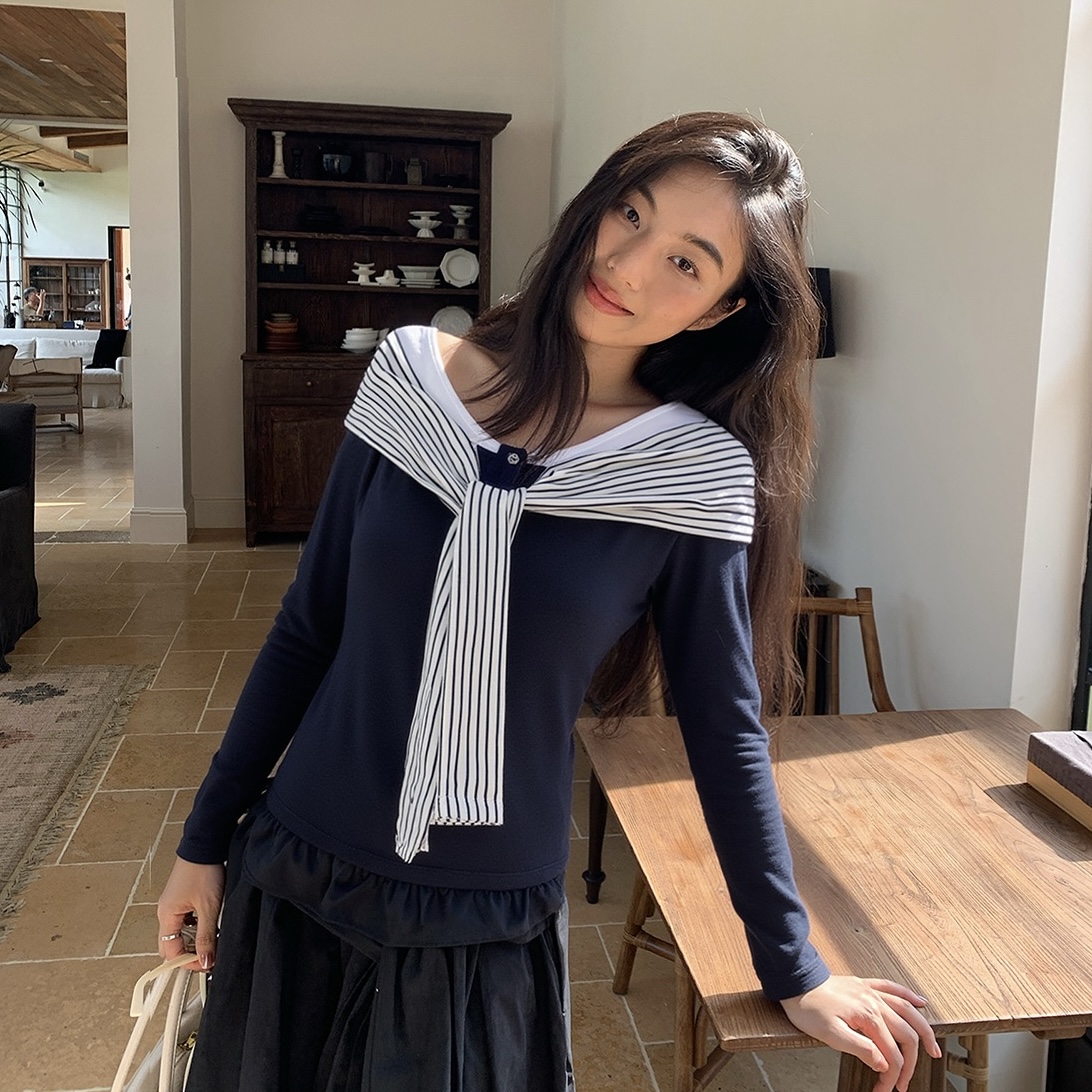 Creamsu叙白 藏蓝条纹绑带一字肩长袖t恤女早秋撞色修身显瘦上衣