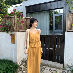 2026春上新两侧抽绳设计吊带上衣+直筒阔腿裤套装KA8182# L