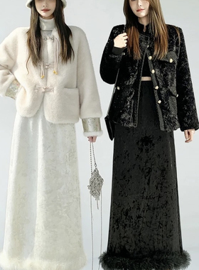 毛毛边人丝丝绒加绒优雅复古开叉直筒半身裙  26652#  RW