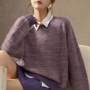 席编花纱圆领1oo%纯山羊绒拉绒上衣 062