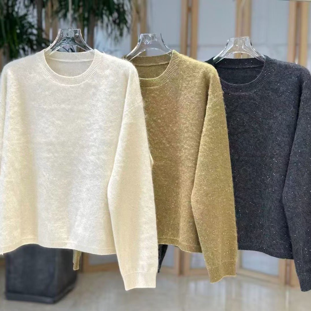 圆领珠片纱拉绒羊绒宽松版