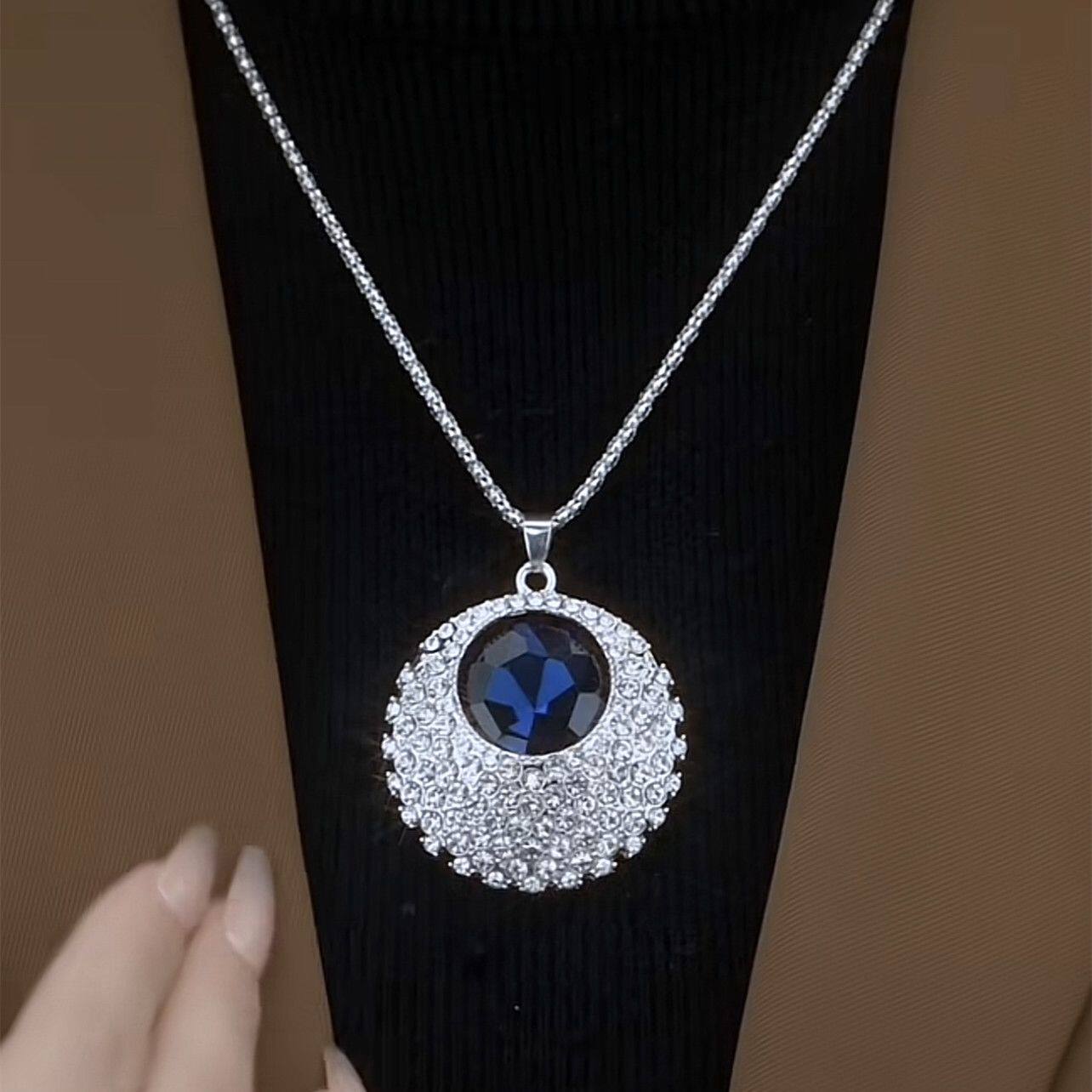 蓝色水晶项链女秋冬新款气质高档毛衣链长款时尚百搭衣服配饰挂件