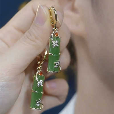 新中式绿色猫眼石竹节耳环