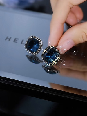 银针日韩新款蓝色水晶方形耳钉女