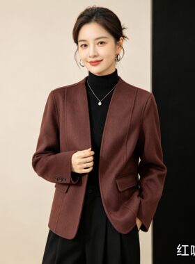 26秋季新款双面羊毛呢外套女士v领长袖大衣高端短款百搭洋气上衣