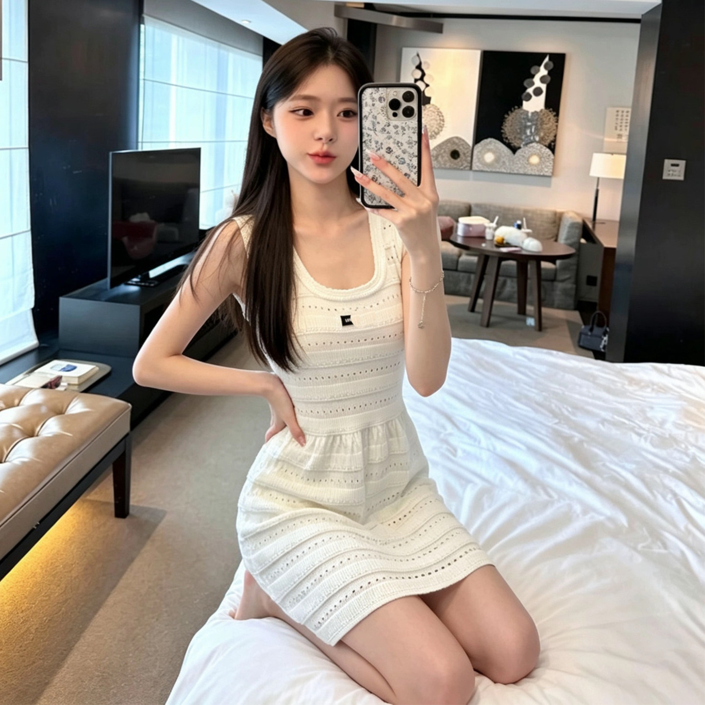 白色镂空针织连衣裙女MM徽标收腰显瘦高级感小个子吊带背心裙短裙