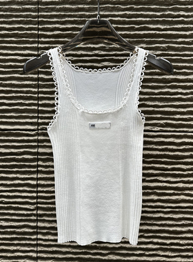 法式MM徽标白色针织背心女26春夏季修身套头花边蕾丝毛衣吊带上衣