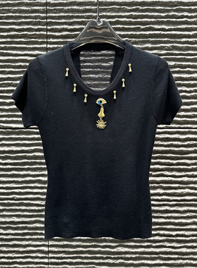 轻奢重工SC大眼睛吊坠短袖针织衫女26春夏季黑色修身T恤镂空上衣