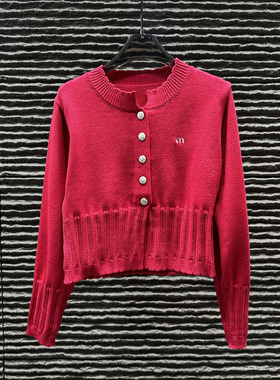 26新年春节红色圆领多纽扣针织开衫女MM长袖羊毛衫气质外套上衣