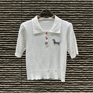 复古绞花polo领短袖针织衫女26春夏新款小狗白色T恤修身通勤上衣