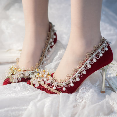 秀禾婚鞋新娘鞋细跟高跟鞋粗跟手工一只冲天兔原创设计